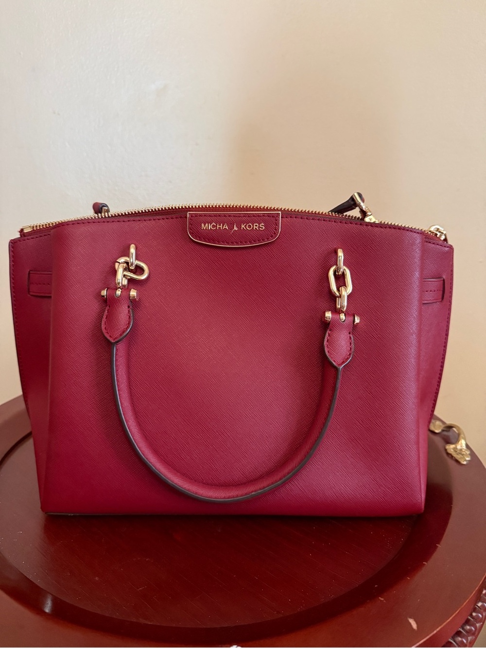 Michael Kors Burgundy Saffiano Leather Satchel with Gold Hardware